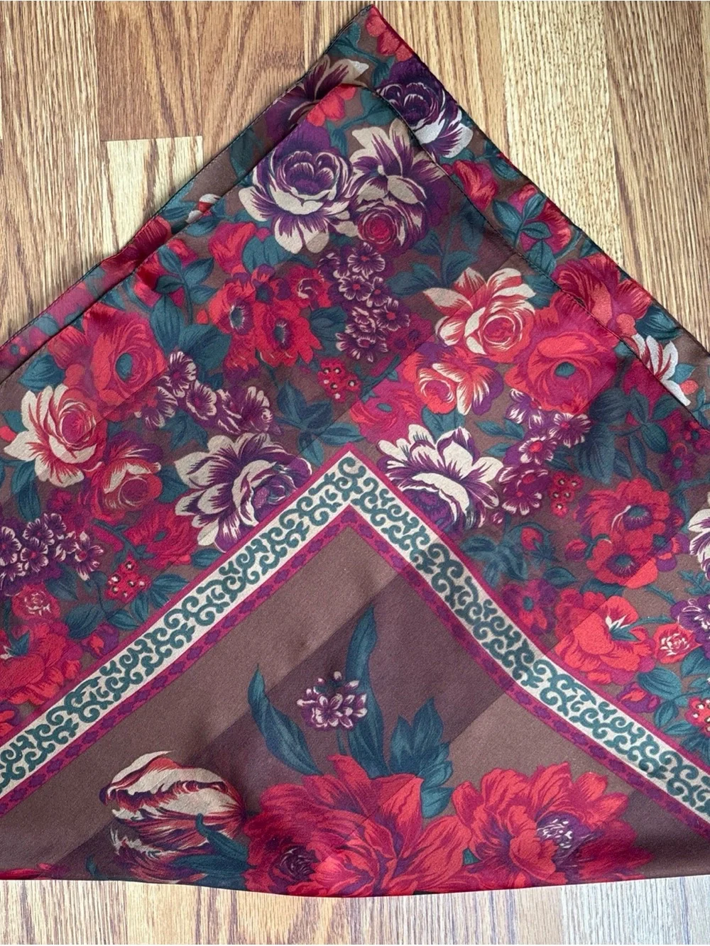 Vintage Liz Claiborne Square Scarf Brown with Large Roses/Floral Detail Preppy